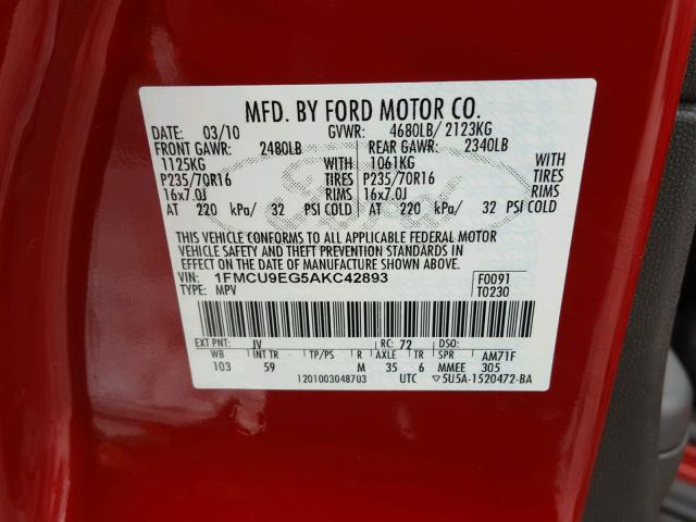 1FMCU9EG5AKC42893 - 2010 FORD ESCAPE LIM RED photo 10