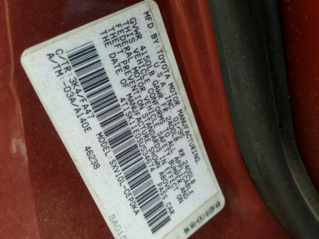 4T1SK11E0SU534674 - 1995 TOYOTA CAMRY DX MAROON photo 10