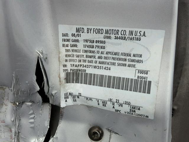 1FAFP34371W351424 - 2001 FORD FOCUS SE GRAY photo 10