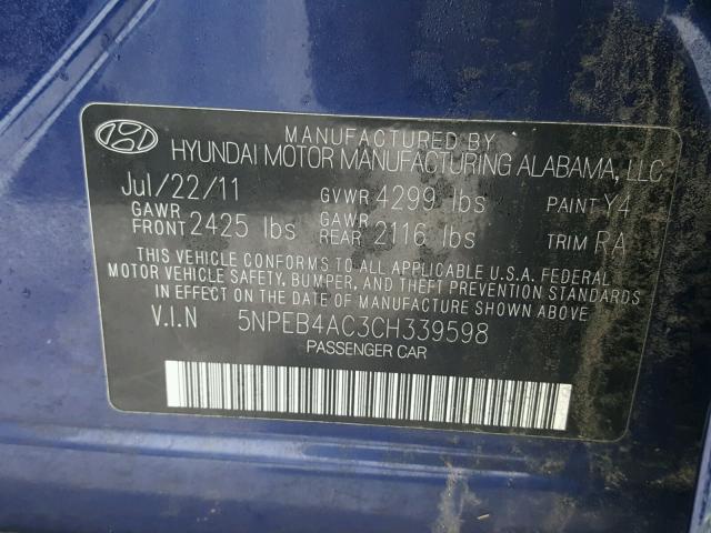 5NPEB4AC3CH339598 - 2012 HYUNDAI SONATA GLS BLUE photo 10