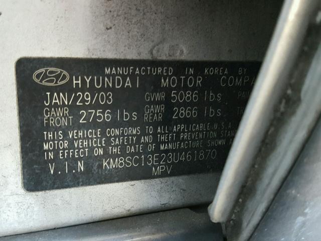 KM8SC13E23U461870 - 2003 HYUNDAI SANTA FE G SILVER photo 10