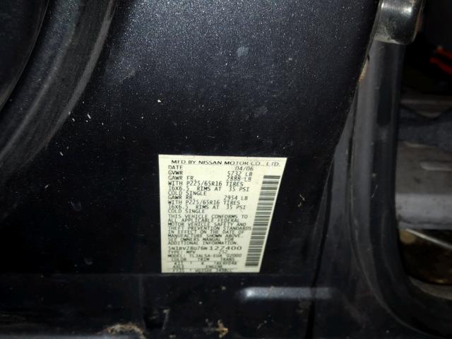 5N1BV28U76N127400 - 2006 NISSAN QUEST S GRAY photo 10