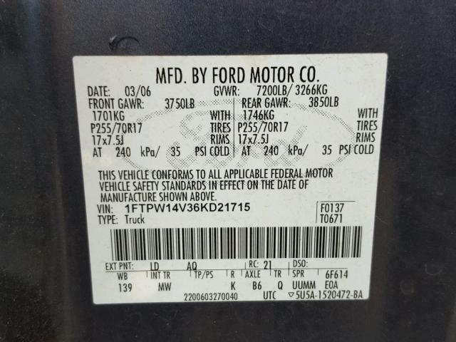 1FTPW14V36KD21715 - 2006 FORD F150 SUPER BLUE photo 10