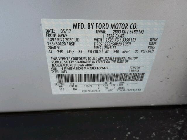 1FM5K8D8XHGD16146 - 2017 FORD EXPLORER X SILVER photo 10