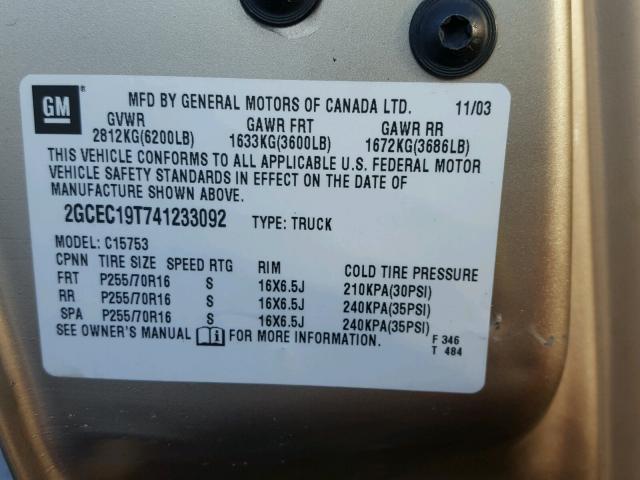 2GCEC19T741233092 - 2004 CHEVROLET SILVERADO GOLD photo 10