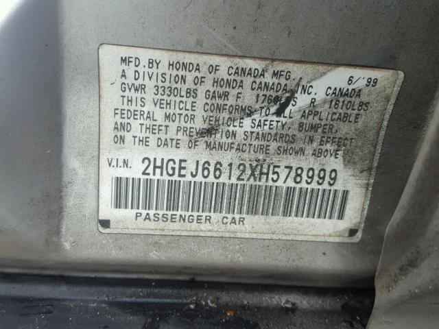 2HGEJ6612XH578999 - 1999 HONDA CIVIC BASE SILVER photo 10