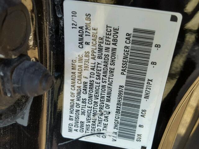 2HGFG1B8XBH509978 - 2011 HONDA CIVIC EX BLACK photo 10