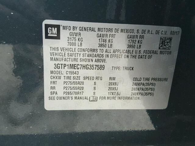 3GTP1MEC7HG357589 - 2017 GMC SIERRA C15 CHARCOAL photo 10