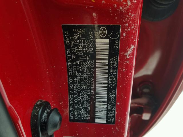 JTDKN3DU9F0401886 - 2015 TOYOTA PRIUS RED photo 10