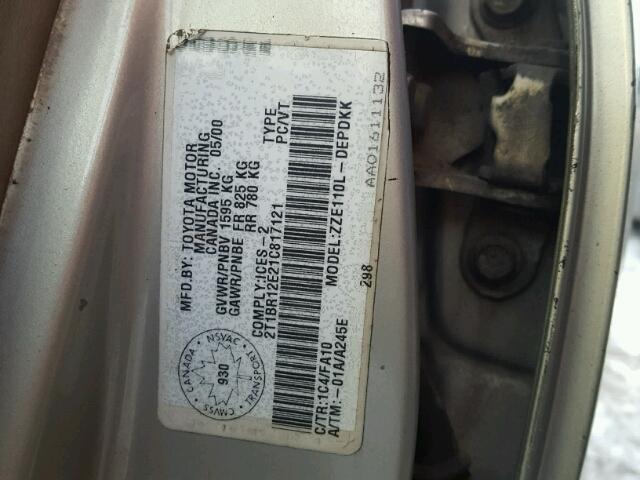 2T1BR12E21C817121 - 2001 TOYOTA COROLLA CE SILVER photo 10