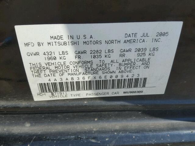 4A3AB36FX6E009423 - 2006 MITSUBISHI GALANT ES შავი ფოტო 10