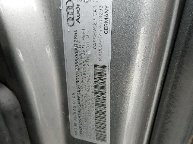 WAULL44E45N013293 - 2005 AUDI A8 4.2 QUA GRAY photo 10