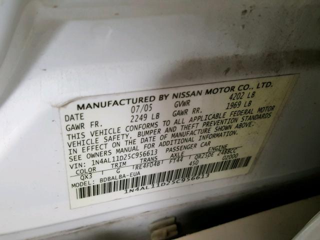 1N4AL11D25C956613 - 2005 NISSAN ALTIMA S WHITE photo 10