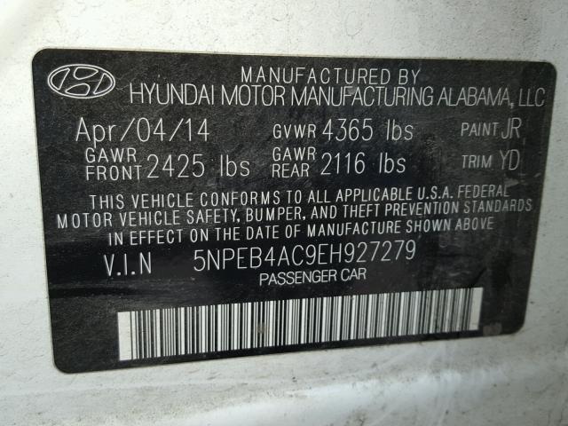 5NPEB4AC9EH927279 - 2014 HYUNDAI SONATA GLS WHITE photo 10