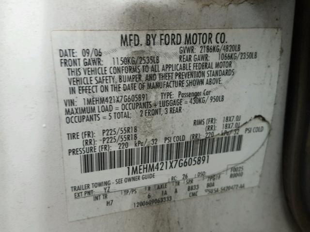 1MEHM421X7G605891 - 2007 MERCURY MONTEGO PR 白色 照片 10