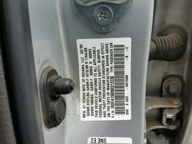 19XFA15899E012230 - 2009 HONDA CIVIC EX SILVER photo 10