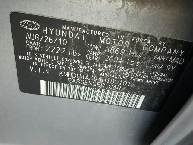 KMHDU4AD9AU180101 - 2010 HYUNDAI ELANTRA BL GRAY photo 10