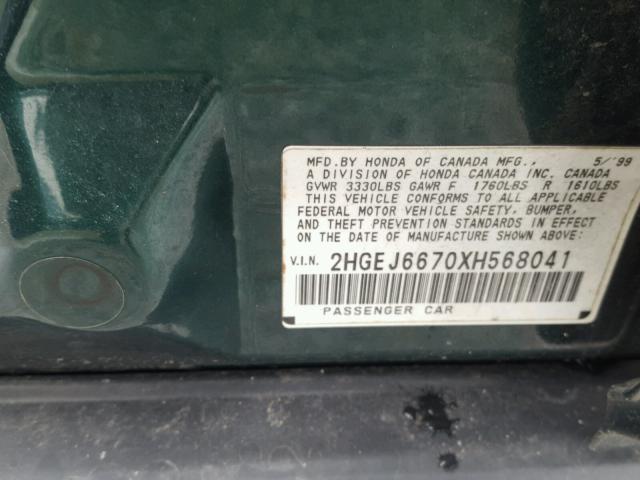 2HGEJ6670XH568041 - 1999 HONDA CIVIC LX GREEN photo 10