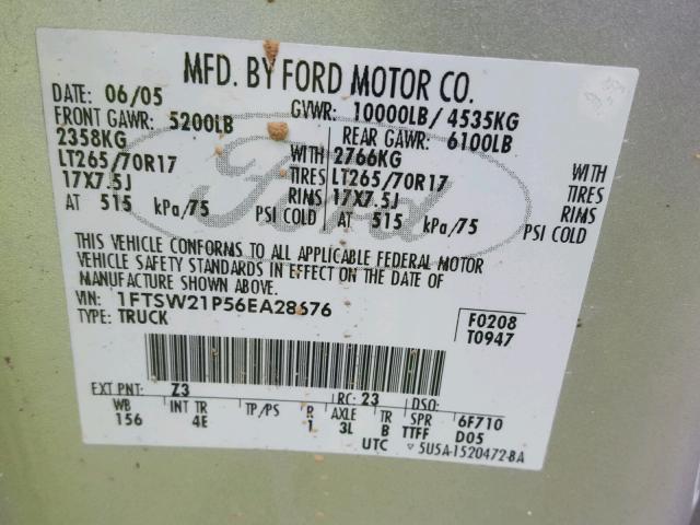 1FTSW21P56EA28676 - 2006 FORD F250 SUPER SILVER photo 10