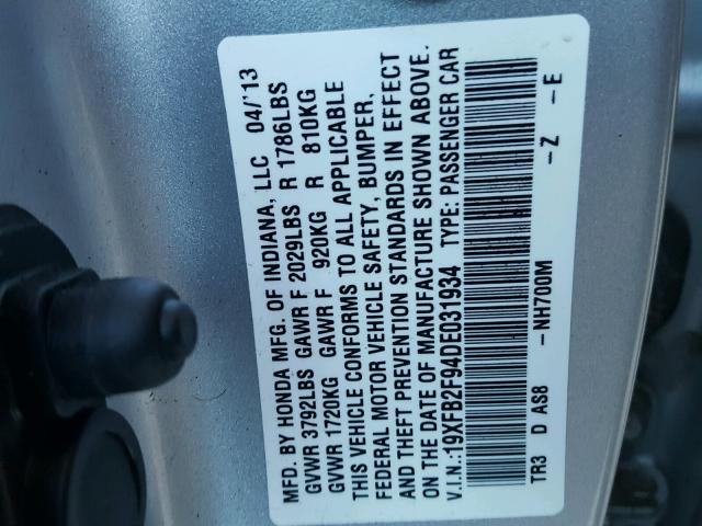 19XFB2F94DE031934 - 2013 HONDA CIVIC EXL SILVER photo 10