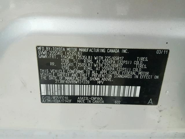 2T3BF4DV8BW131339 - 2011 TOYOTA RAV4 SILVER photo 10