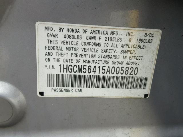 1HGCM56415A005820 - 2005 HONDA ACCORD LX SILVER photo 10