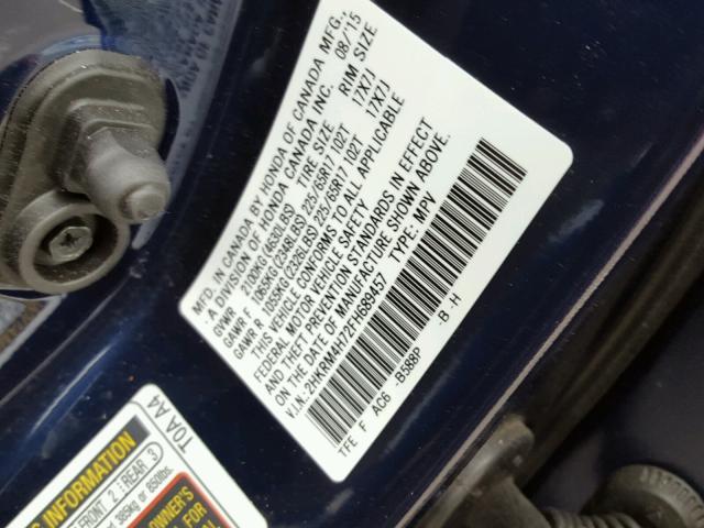 2HKRM4H72FH689457 - 2015 HONDA CR-V EXL BLUE photo 10