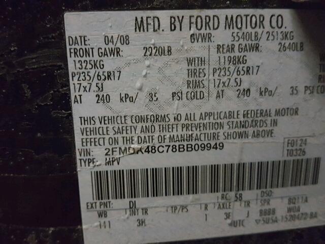 2FMDK48C78BB09949 - 2008 FORD EDGE SEL BLUE photo 10