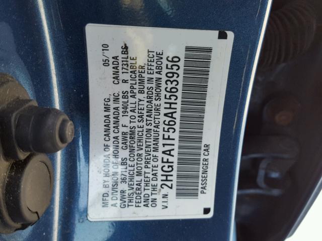 2HGFA1F56AH563956 - 2010 HONDA CIVIC LX BLUE photo 10