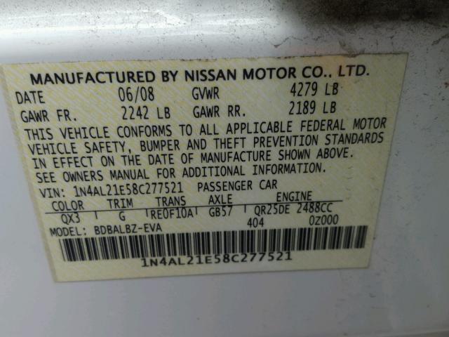 1N4AL21E58C277521 - 2008 NISSAN ALTIMA 2.5 WHITE photo 10