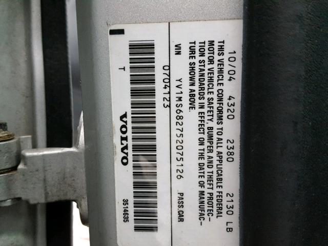 YV1MS682752075126 - 2005 VOLVO S40 T5 SILVER photo 10