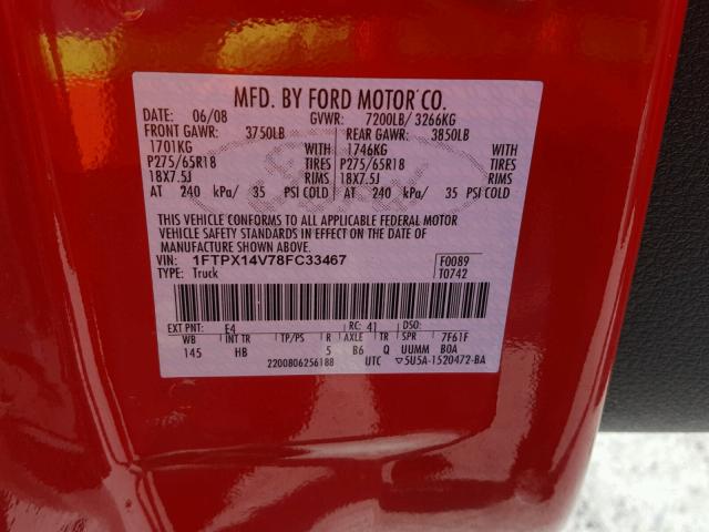 1FTPX14V78FC33467 - 2008 FORD F150 RED photo 10