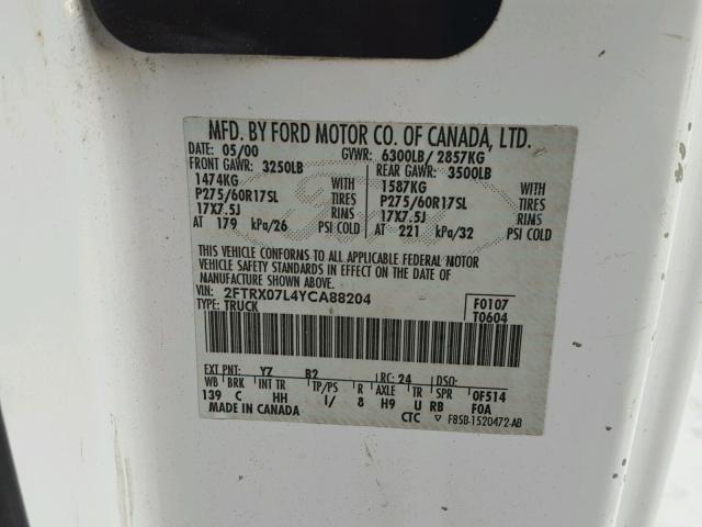 2FTRX07L4YCA88204 - 2000 FORD F150 WHITE photo 10