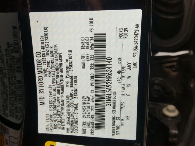 3LN6L5A92HR634140 - 2017 LINCOLN MKZ PREMIE BLACK photo 10