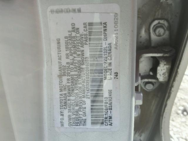 2T1KR32E03C086283 - 2003 TOYOTA COROLLA MA SILVER photo 10