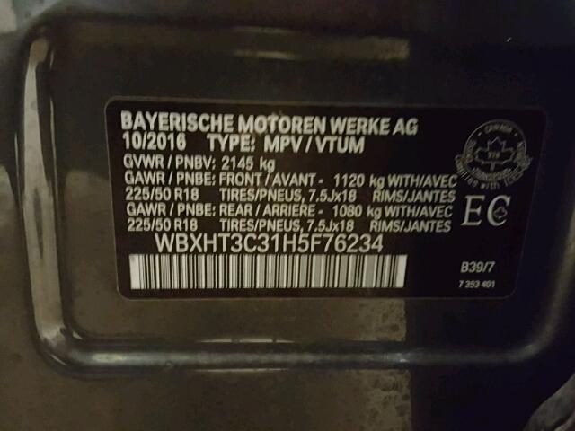 WBXHT3C31H5F76234 - 2017 BMW X1 XDRIVE2 GRAY photo 10