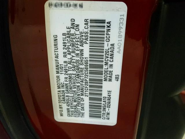 2T1CF28P72C586651 - 2002 TOYOTA CAMRY SOLA RED photo 10