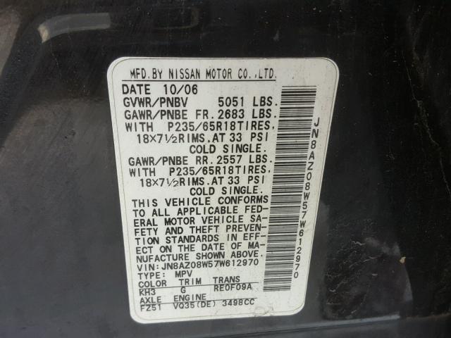 JN8AZ08W57W612970 - 2007 NISSAN MURANO SL BLACK photo 10