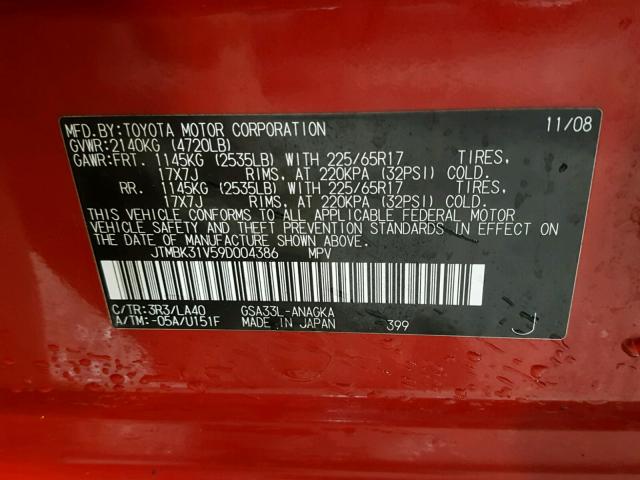 JTMBK31V59D004386 - 2009 TOYOTA RAV4 LIMIT RED photo 10