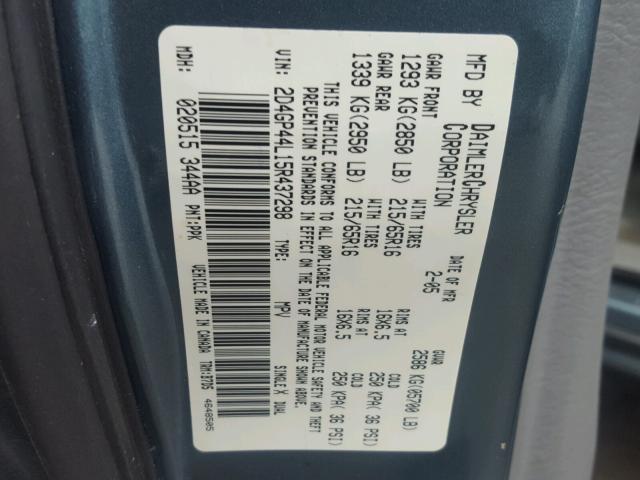 2D4GP44L15R437298 - 2005 DODGE GRAND CARA BLUE photo 10