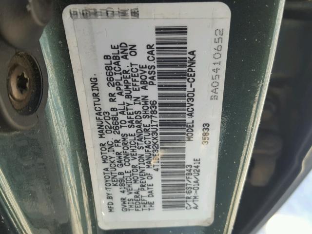 4T1BE32KX3U177836 - 2003 TOYOTA CAMRY LE GREEN photo 10