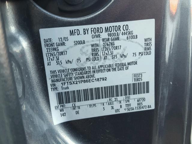 1FTSX21P86EC18792 - 2006 FORD F250 SUPER GRAY photo 10