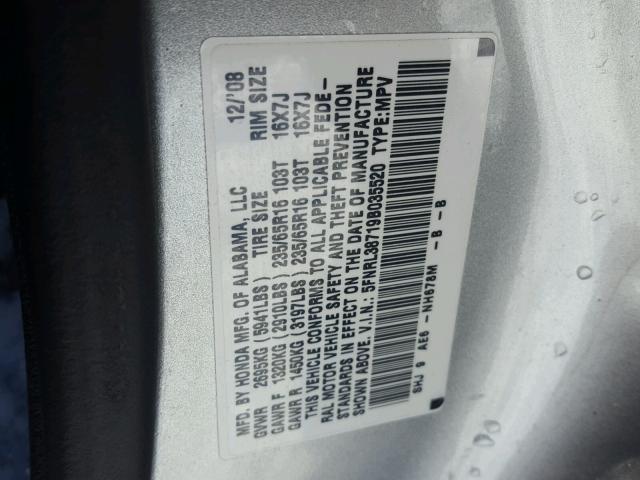 5FNRL38719B035520 - 2009 HONDA ODYSSEY EX SILVER photo 10