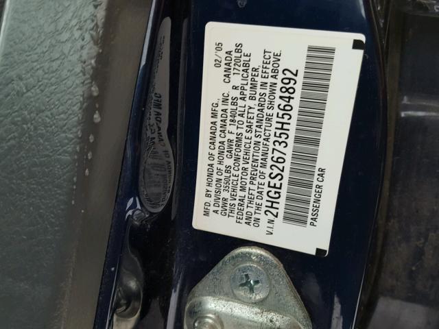 2HGES26735H564892 - 2005 HONDA CIVIC EX 蓝色 照片 10