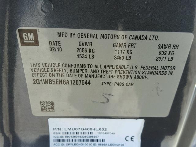 2G1WB5EN8A1207644 - 2010 CHEVROLET IMPALA LT GRAY photo 10