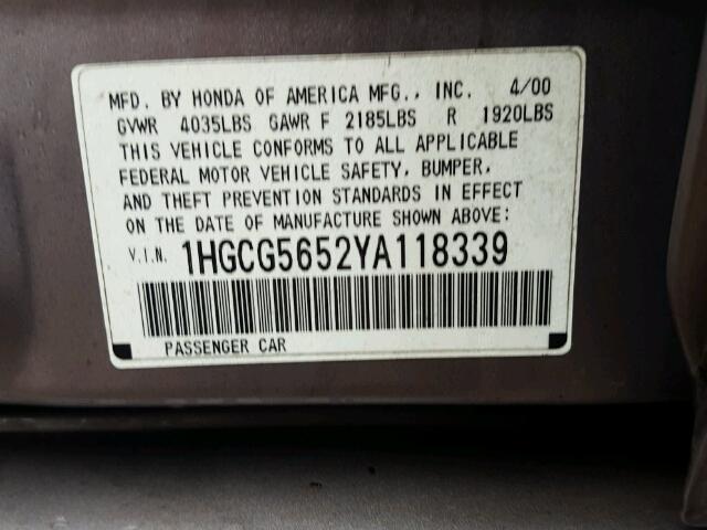 1HGCG5652YA118339 - 2000 HONDA ACCORD EX SILVER photo 10