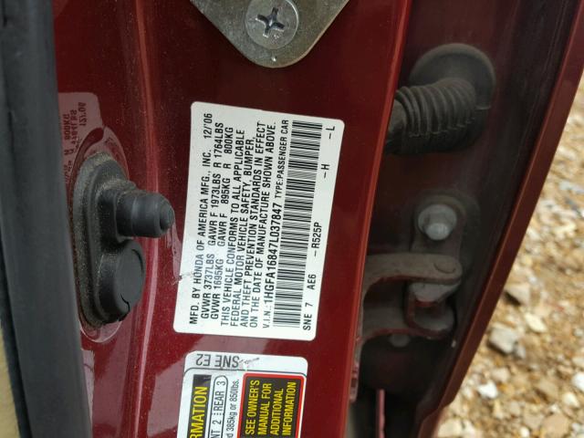 1HGFA16847L037847 - 2007 HONDA CIVIC EX BURGUNDY photo 10