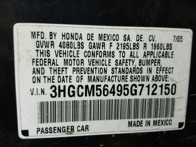 3HGCM56495G712150 - 2005 HONDA ACCORD LX GRAY photo 10