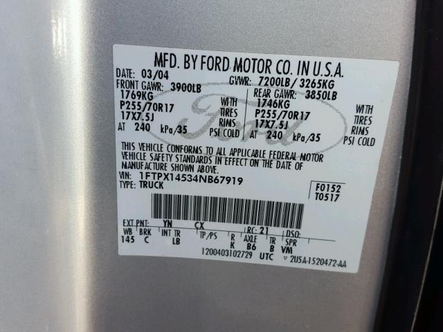 1FTPX14534NB67919 - 2004 FORD F150 SILVER photo 10