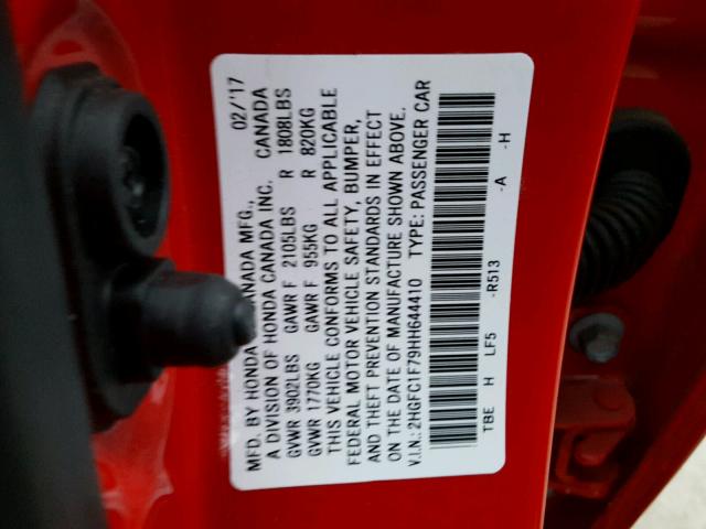 2HGFC1F79HH644410 - 2017 HONDA CIVIC EXL RED photo 10